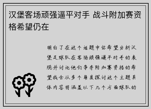 汉堡客场顽强逼平对手 战斗附加赛资格希望仍在