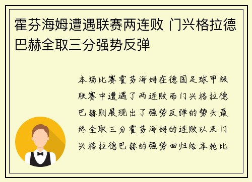 霍芬海姆遭遇联赛两连败 门兴格拉德巴赫全取三分强势反弹