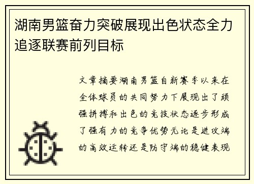 湖南男篮奋力突破展现出色状态全力追逐联赛前列目标