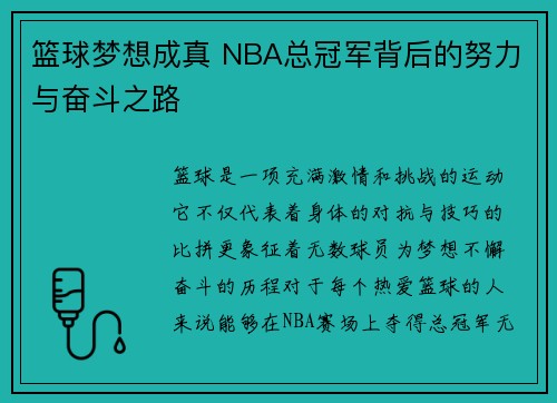 篮球梦想成真 NBA总冠军背后的努力与奋斗之路