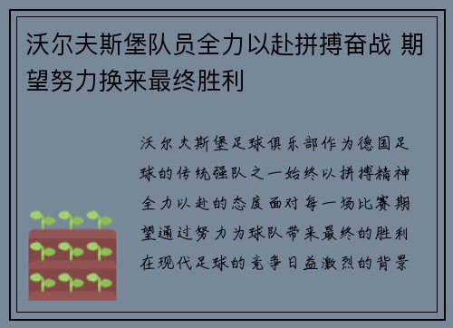 沃尔夫斯堡队员全力以赴拼搏奋战 期望努力换来最终胜利