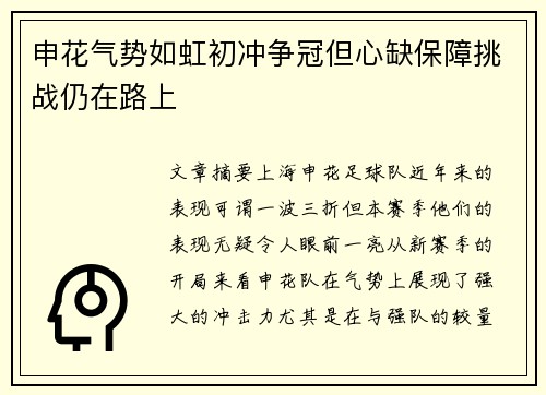 申花气势如虹初冲争冠但心缺保障挑战仍在路上