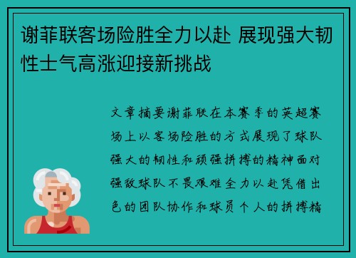 谢菲联客场险胜全力以赴 展现强大韧性士气高涨迎接新挑战