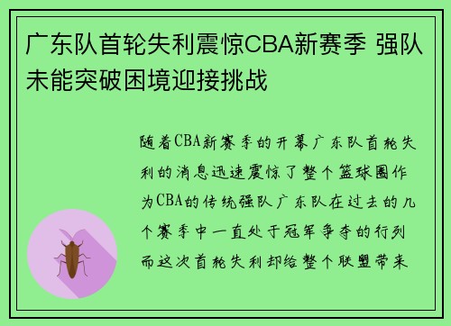 广东队首轮失利震惊CBA新赛季 强队未能突破困境迎接挑战