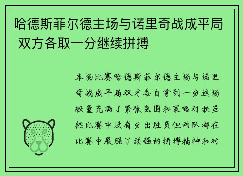 哈德斯菲尔德主场与诺里奇战成平局 双方各取一分继续拼搏