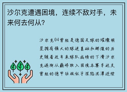 沙尔克遭遇困境，连续不敌对手，未来何去何从？