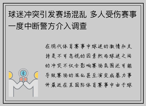 球迷冲突引发赛场混乱 多人受伤赛事一度中断警方介入调查